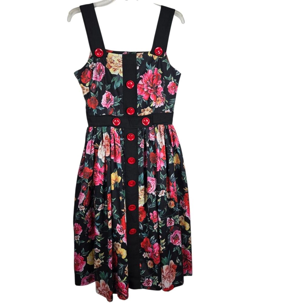 Pinup Girl Rockabilly Swing Dress Black Floral Sleeveless Buttons Sz M ?